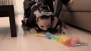 Hot brunette Misteress fucks her lesbo slave with big dildo